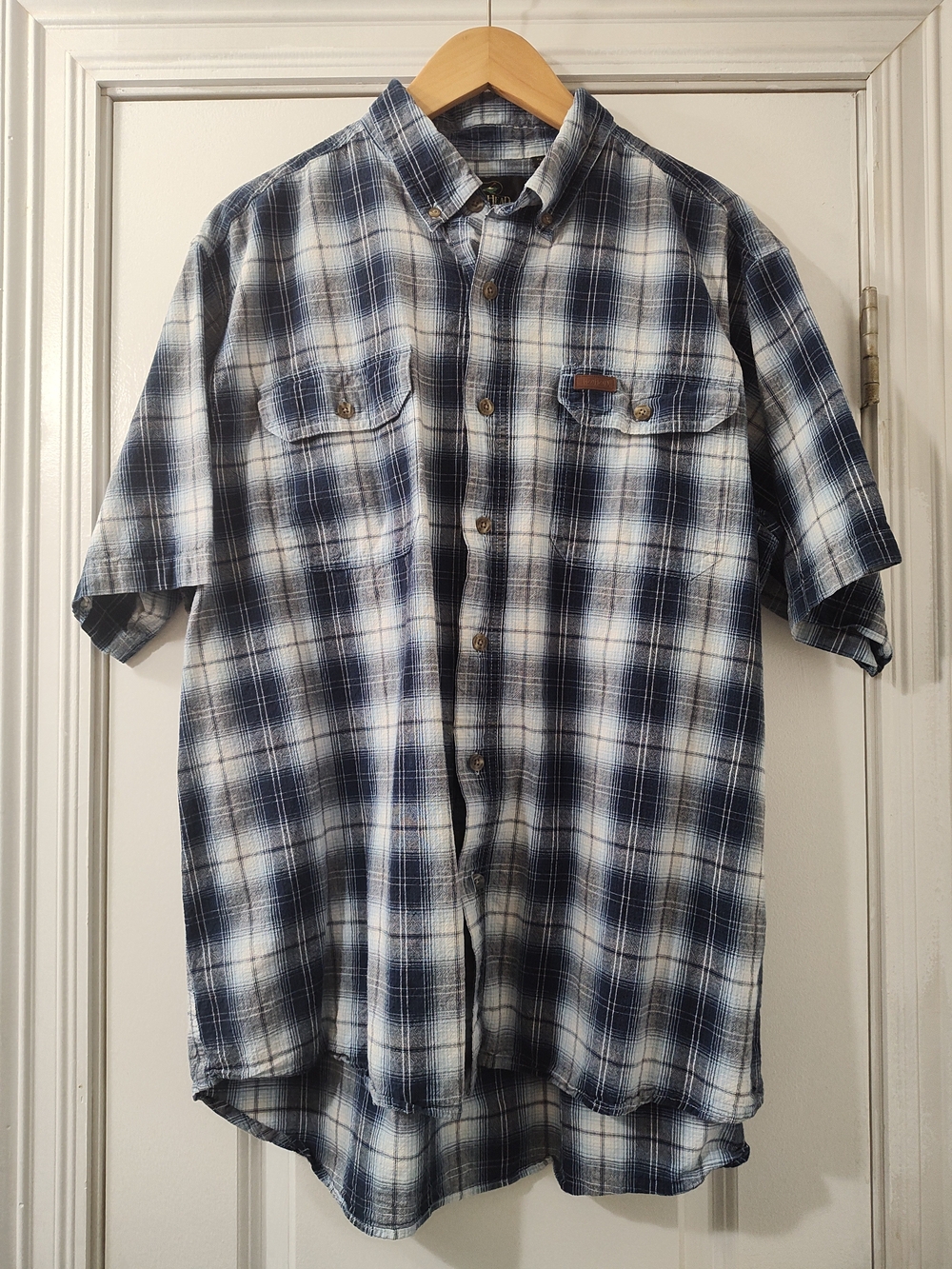 RedHead Blue and White Plaid Short-Sleeve Button-Down Workwear Shirt 100% Cotton